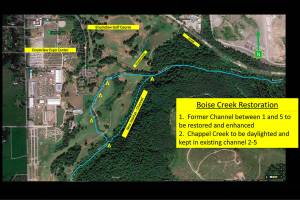 In order to free up room for salmon, Boise Creek will be rechanneled and restored along the edge of the Enumclaw Golf Course. This will not only provide shade for the salmon, which is vital for their survival upstream, but also keep the creek from flooding the golf course, which has resulted in some holes being closed in the past. Image courtesy the city of Enumclaw