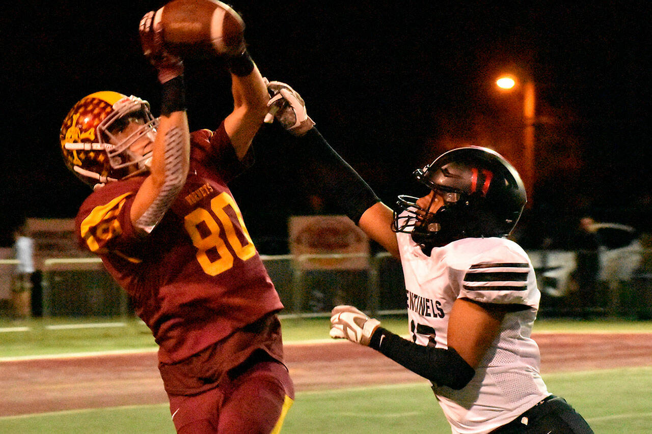 Enumclaw High remained undefeated last week with a home-field victory over Steilacoom. Here, Karson Holt goes high for a reception. Photo by Kevin Hanson