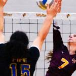 The White River High girls' volleyball team remained perfect the evening of Sept. 28, defeating the visiting Fife Trojans. With the win, the Hornets improved to 7-0 in SPSL 2A play and 8-0 overall. In these photos, Paige Bentler (7) goes high for a kill. Photo by Kevin Hanson