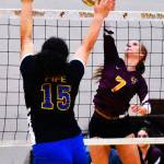 The White River High girls volleyball team remained perfect the evening of Sept. 28, defeating the visiting Fife Trojans. With the win, the Hornets improved to 7-0 in SPSL 2A play and 8-0 overall. In these photos, Paige Bentler (7) goes high for a kill. Photo by Kevin Hanson