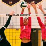 The Enumclaw High girls remained deadlocked atop the South Puget Sound League 2A standings with an Oct. 13 victory over the visiting Fife Trojans. In this photo from Chuck Smith Gymnasium shows strong net play are Samantha Darby (3) and Bella Firnkoess. Photo by Kevin Hanson