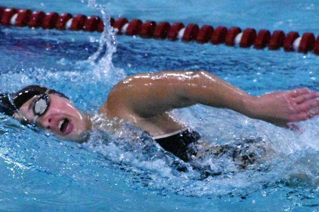 With the regular season and the SPSL 2A meet behind them, select swimmers are gearing up for this weekends West Central District competition. Among those taking part will be Enumclaw Highs Kate Perlot, pictured here during a recent home meet. Photo by Kevin Hanson