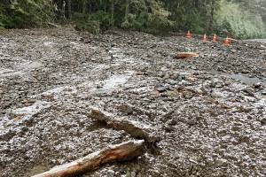 This image from WSDOT on Sunday shows the extent to which debris from a slide reached the roadway on SR 410.