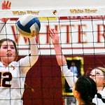 The battle for second place in the South Puget Sound League 2A volleyball standings took place Thursday evening when Enumclaw traveled to White River for the regular-season finale. Both squads entered the contest with 13-2 records, trailing the league champion Washington Patriots.  Both teams will take part in the District 2/3 tournament that runs Friday and Saturday and will send six teams to the Class 2A state tournament in Yakima. In this photo, White River's Kianna Rohner (#12) and Audrey Berg deny EHS a scoring opportunity. Photo by Kevin Hanson