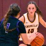 The Enumclaw High girls improved to 2-0 on the young season with a 53-35, home court victory over the Pasco Bulldogs. Pictured is senior Marissa Lindberg (10) applies defensive pressure to Prossers top scorer, Mireyah Lopez. Photo by Kevin Hanson