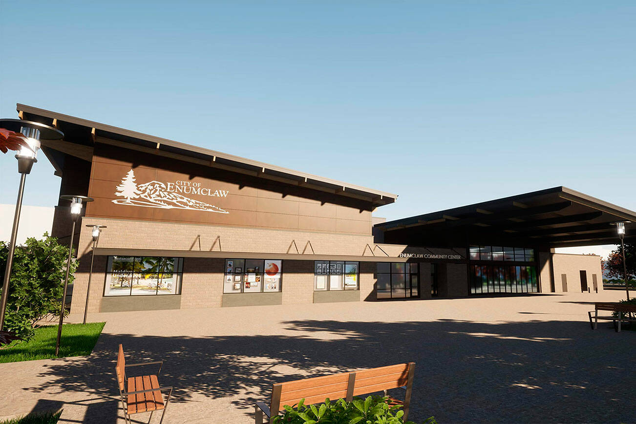 First draft renderings of what the Enumclaw Community Center could look like from the outside; these images dont show the large tree on the corner of Cole Street and Initial Avenue or the nearby horse statue, but elected officials and architects say those will remain if the center is built. Image courtesy Cornerstone Architectural Group