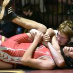 Pictured is Jacob Balliet preparing to pin his Franklin Pierce foe. Photo by Kevin Hanson