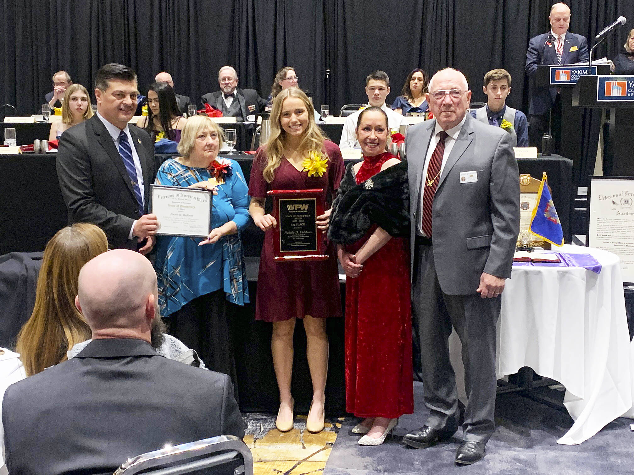 Enumclaws Veterans of Foreign War Post 1949 recently celebrated local students and first responders during its Jan. 26 meeting. The annual event honors students in middle and high school that participate in the Patriot Pen and Voice of Democracy essay contests, respectively. This year, VoD essay winner Natalie DeMarco also placed first in the state VFWs essay competition, which means she will be traveling to D.C. to compete nationally in March for the opportunity to win up to $30,000 in college scholarship money. Contributed photo