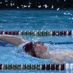 Swimmers from Enumclaw and White River high schools wrapped up the regular season Jan. 31 with a successful home meet against a combined Franklin Pierce/Washington squad. In this photo, White Rivers Mason Arnold is on his way to victory in the backstroke. Photo by Kevin Hanson