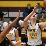 The White River High basketball teams swept a Friday night doubleheader against the visiting Fife Trojans. The Hornet girls opened with a lopsided win and the boys followed with a hard-fought victory. In this photo, Ally Green (24) goes to the hoop for two points. Photo by Kevin Hanson