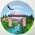 Historic Wilkeson. Logo concept with the Carbon River Cooridor beginning at the Glacier Gate and extending to Mount Rainier. (Acrylic on canvas, by Sara Sutterfield. Submitted to Town of Wilkeson June 16th, 2022.)