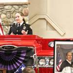 Mountain View Fire and Rescues new Fire Chief Dawn Judkins welcomed everyone to former Chief Greg Smiths Celebration of Life service at the Muckleshoot Pentecostal Church on April 3. Photo by Ray Miller-Still