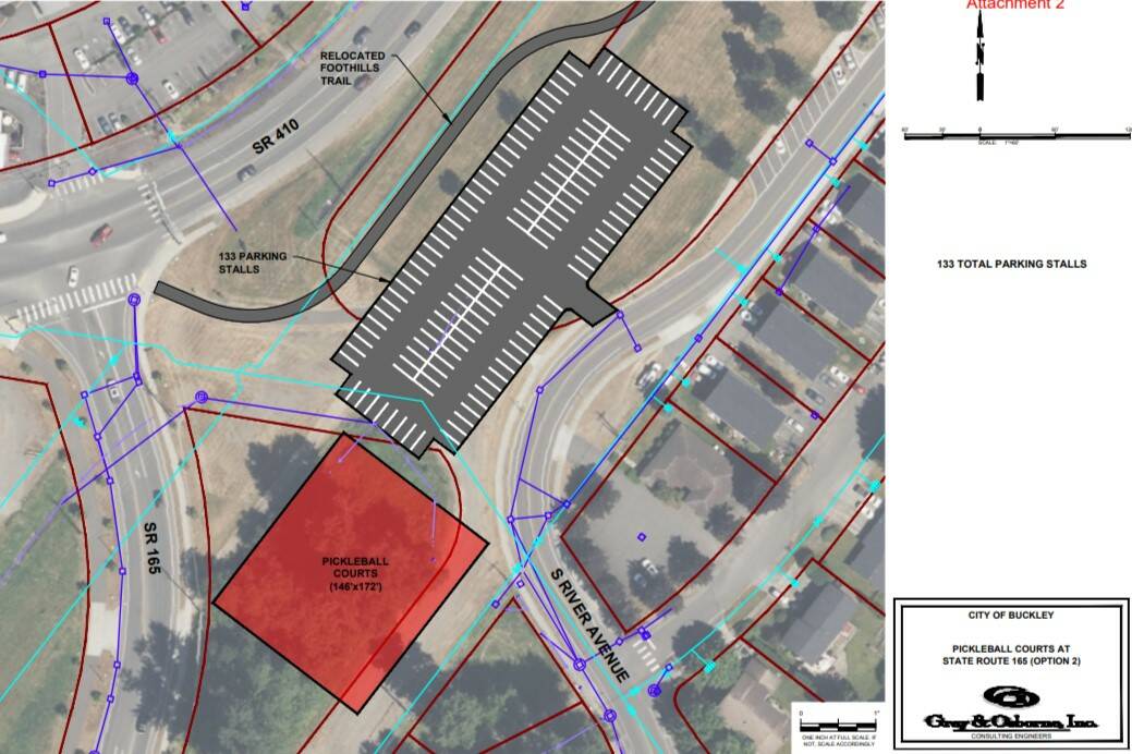 One of three drafts for a possible pickleball facility located off River Avenue in Buckley that has been presented to the city council. Image courtesy the city of Buckley