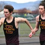 After taking a brief hiatus for spring break, the Enumclaw High track and field crew returns to action with a road meet against the Orting Cardinals. Action gets under way at 3:30 p.m. Thursday at Cardinal Stadium. Among the regulars who represent EHS are Michael Poleski (left) and Jack Heise, both members of the boys relay squad. These photos came during the Hornets last home meet. Photo by Kevin Hanson