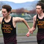 Photos by Kevin Hanson/For the Courier-Herald
After taking a brief hiatus for spring break, the Enumclaw High track and field crew returns to action with a road meet against the Orting Cardinals. Action gets under way at 3:30 p.m. Thursday at Cardinal Stadium. Among the regulars who represent EHS are Saiya Flaherty in the hurdles and Michael Poleski (left) and Jack Heise, both members of the boys relay squad. These photos came during the Hornets last home meet.