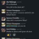 A message thread between Alyson and her co-workers at Grunt Styles during the May 6 Allen Premium Outlet shooting. Names and photos of the other participants have been blurred to protect their privacy. Screenshot