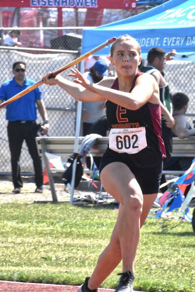 Photo by Kevin Hanson
Natalie DeMarcos personal-best effort in the javelin was good for second place at the Class 2A state track and field championships.