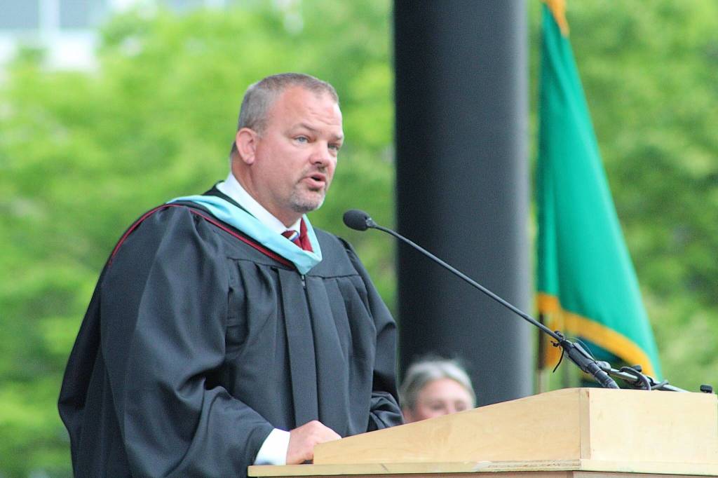 White River High School principal Cody Mothershead speaks during the graduation ceremony. Photos by Alex Bruell / Sound Publishing