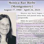 Monica Rae Riebe died April 24, 2023 at the age of 62.