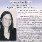 Monica Rae Riebe died April 24, 2023 at the age of 62.