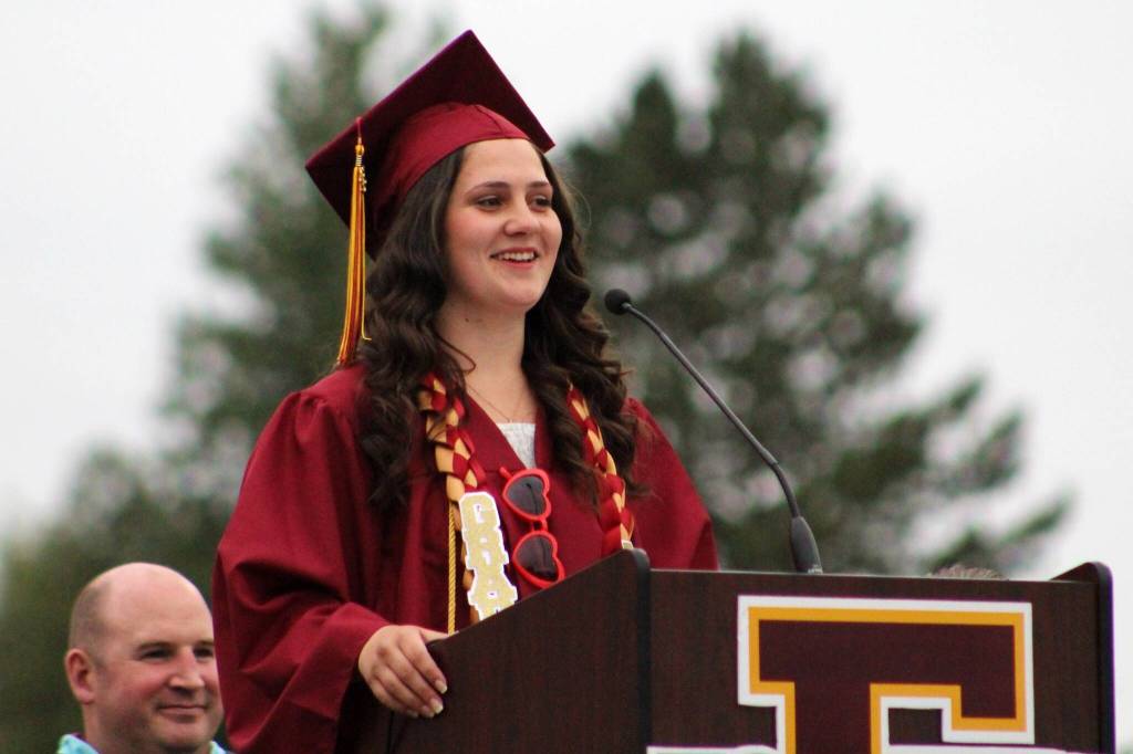 Student speaker Maria Pitzer, referred to as the best hyper person ever by principal Rod Merrell.
