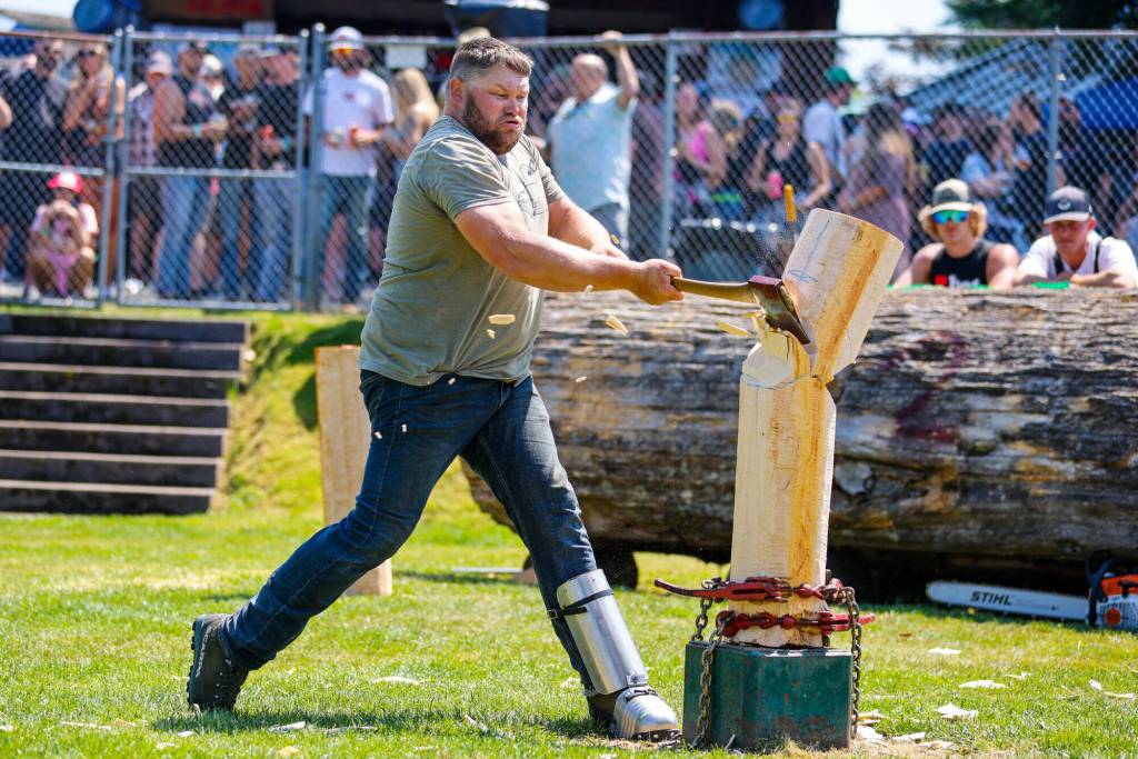 Dan Huizenga powered through the standing block chop, but his efforts were not enough to put him in the top three times. Photo by Ashley Britschgi
