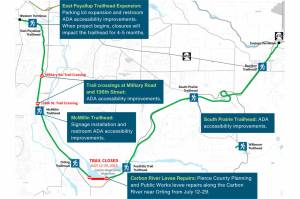 A map showing where the Foothills Trail will be closed in July, plus other updates. Image courtesy Pierce County