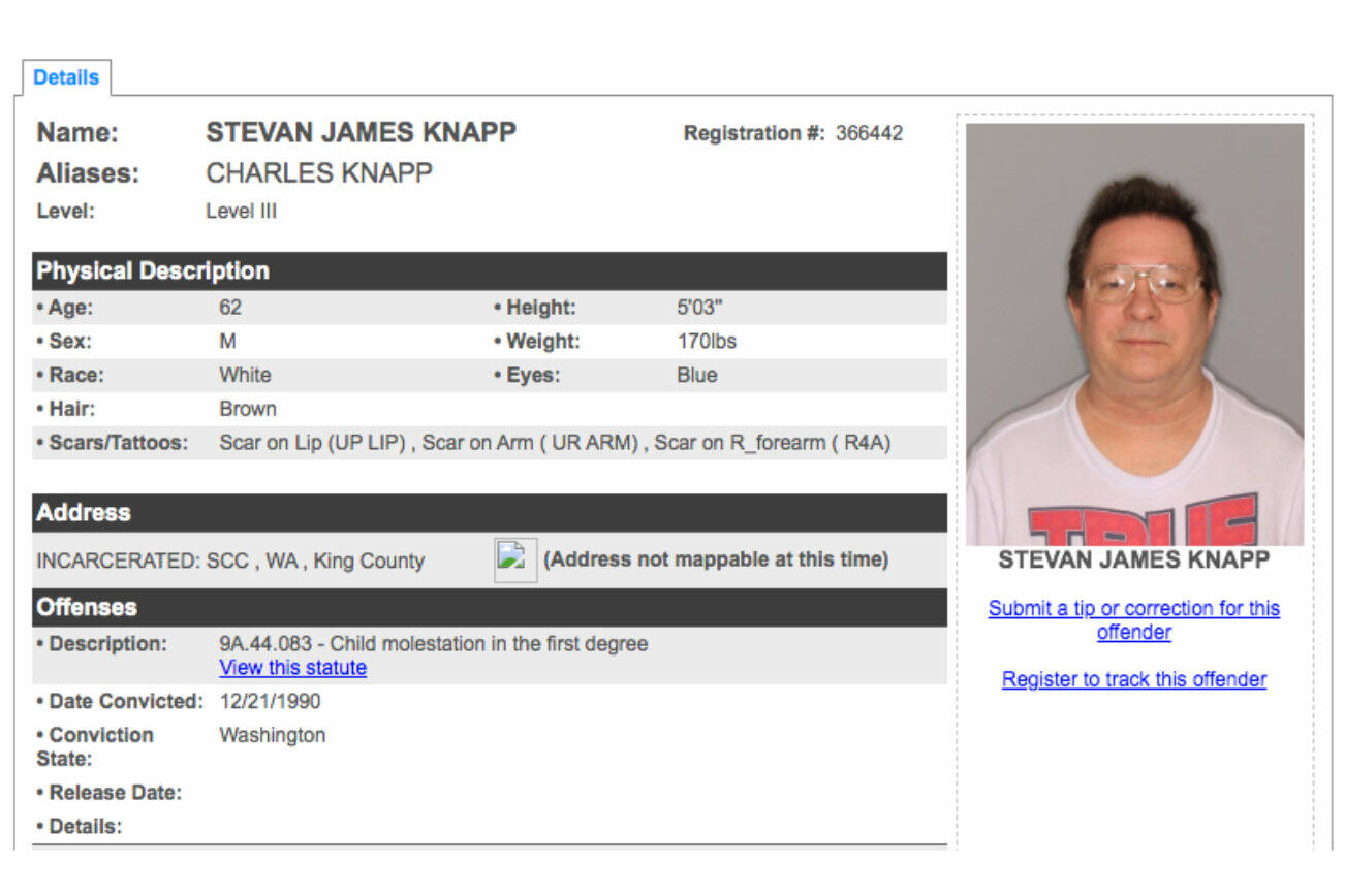 Screenshot
Stevan Knapps file on the King County Sheriffs Office sex offender registry.