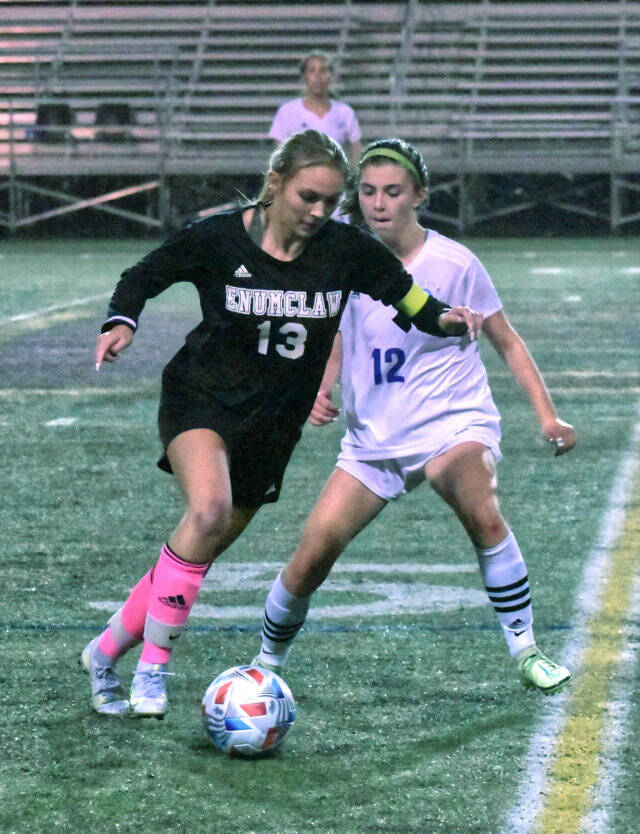 Mia Ammons, former EHS senior captain, maneuvers past Fifes Bella Gonzales during a 2021 South Puget Sound League 2A soccer game. Photo by Kevin Hanson