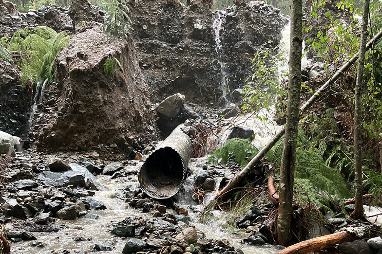 A debris flow this past November along Dry Creek overwhelmed a 24-inch culvert under SR 410 near Crystal Mountain Resort, causing water and about two feet of debris to cover the highway. It also caused scouring along the shoulder and embankment. Image courtesy Washington State Department of Transportation