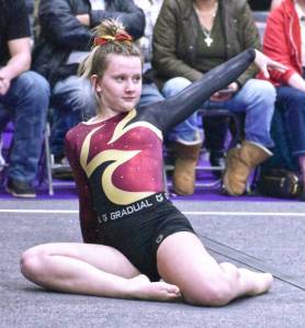 The Plateaus prep gymnastics program is a joint affair, with girls from both Enumclaw and White River high schools making up the team. The gymnasts compete as a single entity during the regular season, then represent their individual schools once postseason rolls around. The program, under the direction of coach Ben Skipworth, has just two home meets this season. The first was on Dec. 15 at Peak Gymnastics. Pictured here are three members of the squad, all performing during the floor exercise: Julia Carter sets off across the mat for her final tumbling routine; Maci Roach points her feet to the ceiling as part of her routine; and Kylee Trudgeon strikes a pose to complete her routine. Carter is an Enumclaw High senior, Roach is a White River junior and Trudgeon is a White River sophomore. Photos by Kevin Hanson