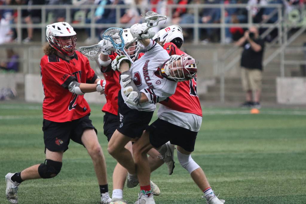 Photo Todd Overdorf / sonscapeimages.com
Pictured here, taken during Saturdays contest, is Colton Paulson diving toward the goal through three Orting players.