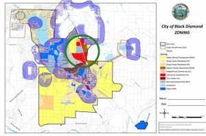 Where could a marijuana retail store open in Black Diamond? Based on the citys planning commission recommendations, it would have to be 1,000 feet away from schools and parks (outside the purple buffers) and relegated to the neighborhood commercial (pink) and community commercial (red) zones. This just leaves a few dozen potential parcels, noted by the green circles. Map courtesy the city of Black Diamond