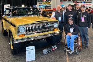 Contributed photo
The J-Rod & Custom team at the 2023 Specialty Equipment Marketing Association with their Battle of the Builders winning jeep. Pictured in the back row is car owner Richard Griot, Jared Hancock, Ross Petersen, and Andrew Taker; in from is Chad Terhar.