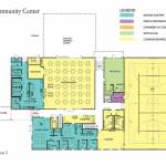 Proposed floor plans for the Enumclaw Community Center, showing the outdoor space, the community center, rooms for the senior center, Arts Alive! and the Enumclaw Chamber, the full-sized gym, and more. These are the current first floor plans. Image courtesy the city of Enumclaw