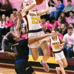 Friday night proved successful for the White River High basketball programs as both the Hornet boys' and girls' teams swept the visiting Fife Trojans. In these photos, White River's Sawyer Bloom (12) looks to score an inside bucket and, on the girls' side, Maggee Schmitz (22) elevates on a drive to the hoop. Photos by Kevin Hanson