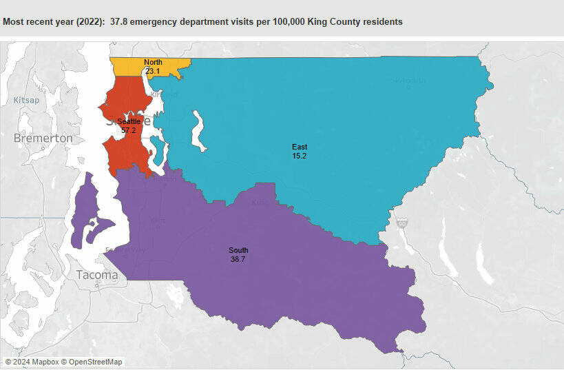 There were close to 38 emergency department visits per 100,000 people in King County in 2022, a sharp increase from 2019, when the rate was at 23 visits per 100,000 people. Image courtesy the Washington State Department of Health and the Rapid Health Information NetwOrk (RHINO)