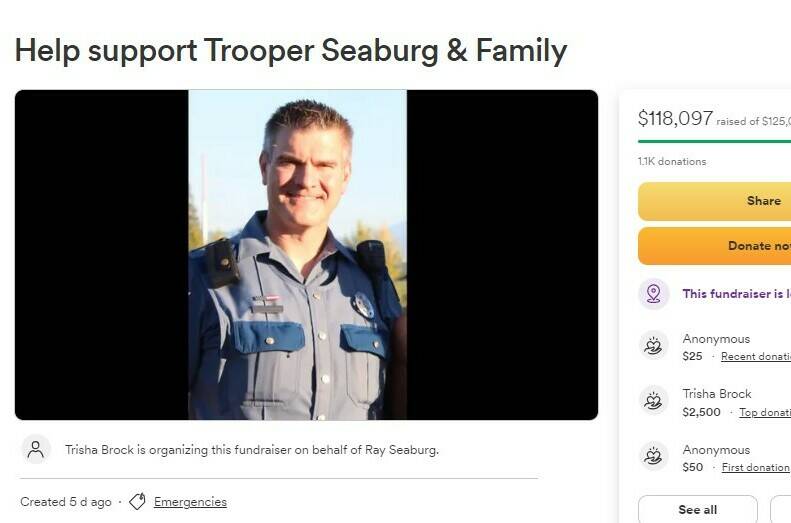 A screenshot of the GoFundMe page for Trooper Raymond Seaburg and his family.
