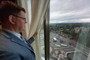 The Muckleshoot Casino Resort offers some stellar views, as shown here by Robert Dearstine, Executive Director of Resort Operations. Photo by Robert Whale/Auburn Reporter