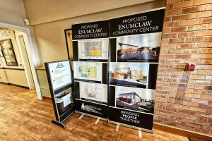 Banners in Enumclaw’s City Hall show off the proposed layout and exterior design of a possible community center. If you want more information, make sure to attend the March 14 (from 6:30 to 7:230 p.m.) and then on March 23 (11 a.m. to 12:30 p.m.) open houses at the senior center. Photo by Ray Miller-Still