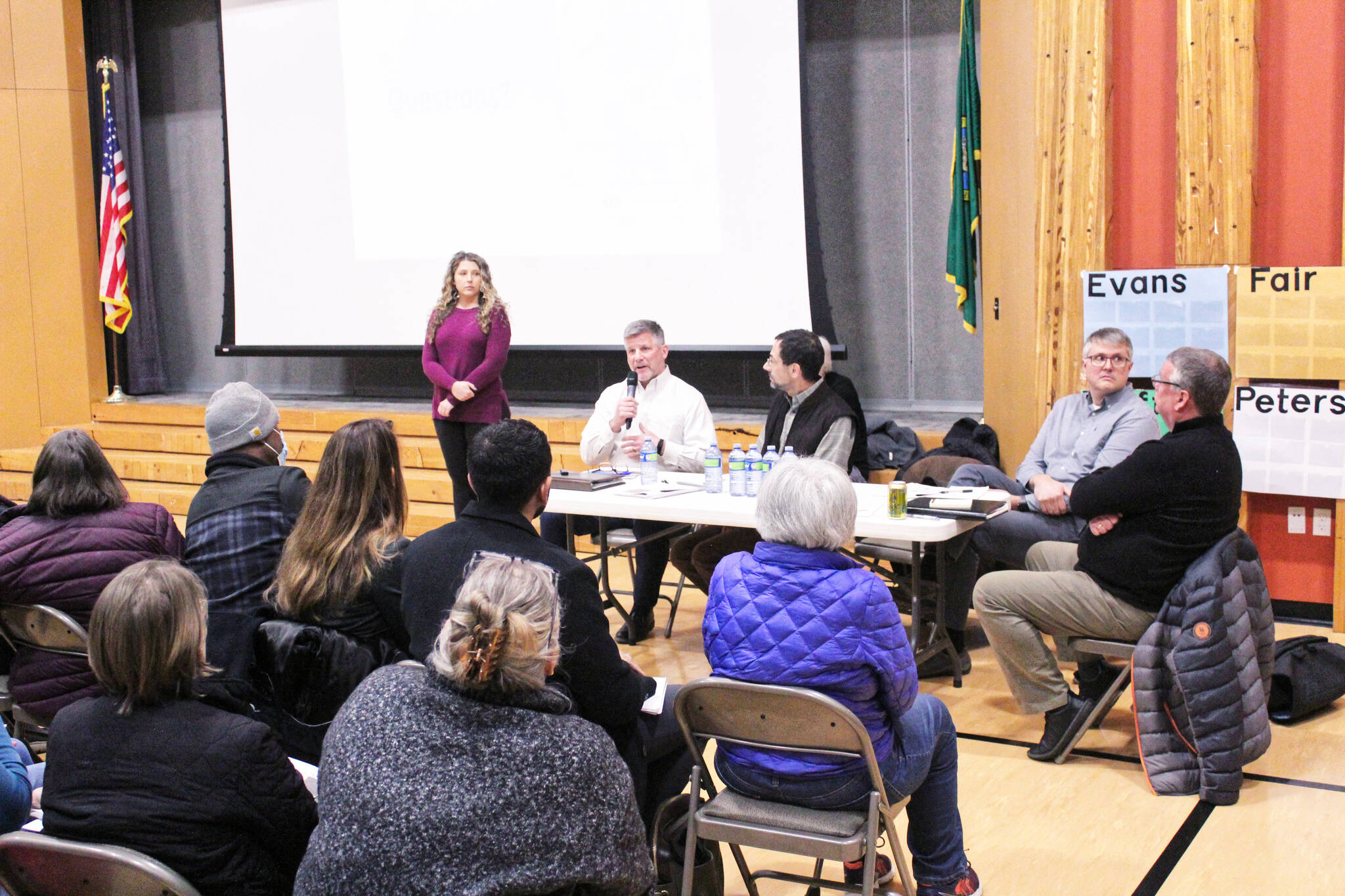 Segale Asset Manager Mike Pruett speaking at the Feb. 27 public meeting about the proposed Cumberland gravel mine. Photo by Ray Miller-Still