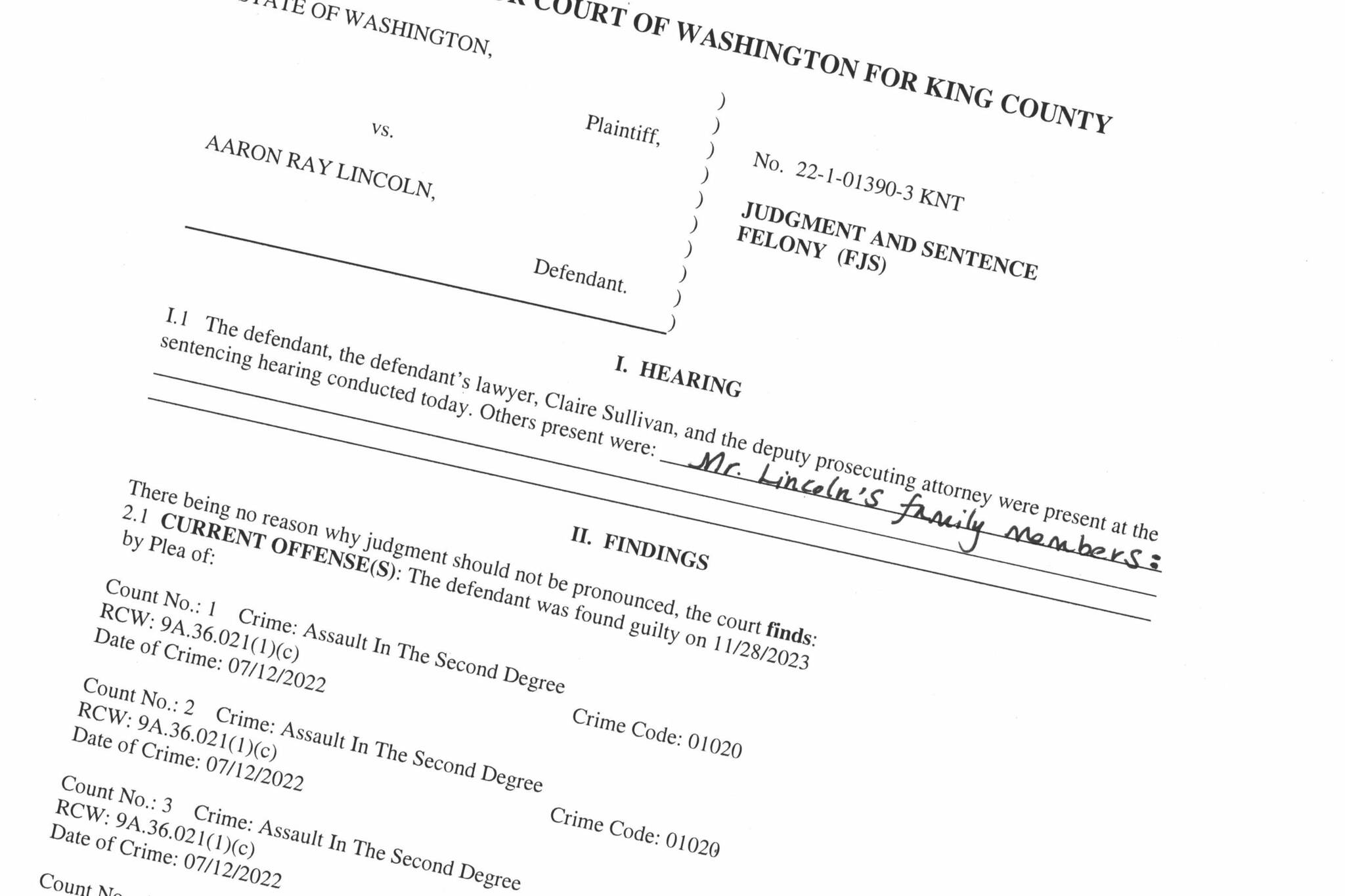 A screenshot of Aaron Lincolns sentence ruling.