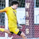 Goalkeeper Karsen Trudgeon launches a kick downfield after making a stop during the first half of the Hornets' 3-0, Friday night victory over the visiting Fife Trojans. Photo by Kevin Hanson
