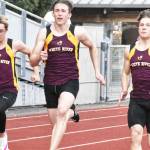 Photo by Kevin Hanson
White Rivers track and field athletes raced to easy team victories the afternoon of April 10, swamping the visitors from Foss High. In these photos, a boys race featured (from left) Hunter Maris, Tyce Donovan and Tate Bowen.