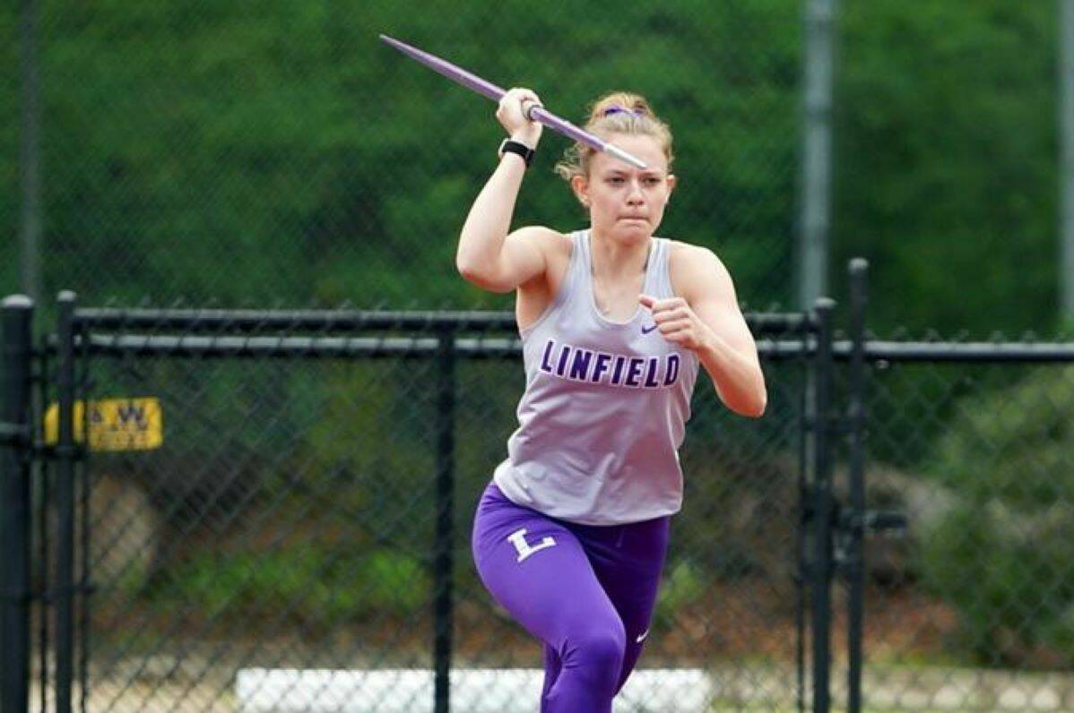 Former Enumclaw High athlete Kira Hawaaboo captured a pentathlon title during the recent Northwest Converence track and field championships. Here, she competes in the javelin. PHOTO COURTESY LINFIELD UNIVERSITY
