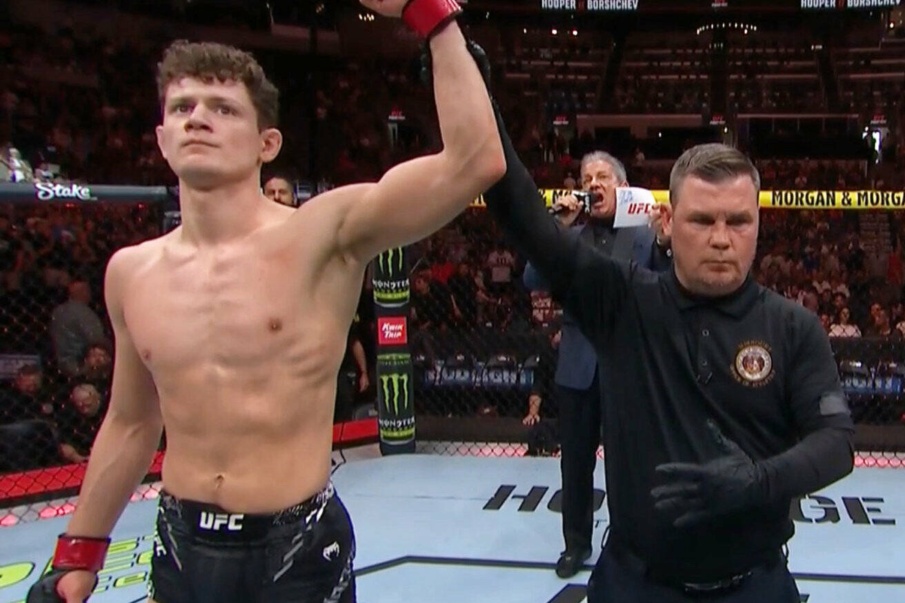 Chase Hooper being declared the victor in a May 11 fight against Russias Viacheslav Borshchev.
Screenshot