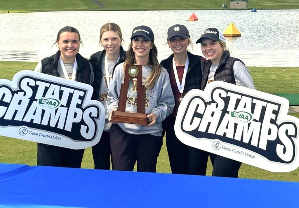 Courtesy photo 
The White River girls golf team, playing at MeadowWood in Spokane, took first in state this week. Pictured left to right is Alle Klemkow, Sophie Ross, Anna Rose, Lexie Mahler, Abby Rose.