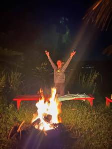Krystal Kelley and her team recently visited Puerto Rico; here is Kelley at Utuado, where she said her team encountered a "being" (shown above her, in green). Photo courtesy Krystal Kelley