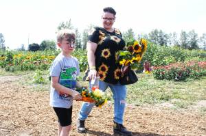 Photos by Ray Miller-Still
Maris Farms annual Sunflower Days is over for the season  but theres always next year! The event boasts five acres of sunflowers and zinnias you can walk through, various local arts vendors, and numerous activities for kids and families. Pictured is Easton Williams and Rachel Mead taking flowers to grandma; Charli and Lilah Hetch on the jumping pillow; and Evie Schutt racing some rubber ducks.