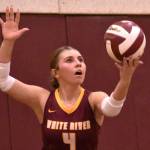 Hornets from both sides of the county line gathered the evening of September 24 to stage the volleyball version of the Battle of the Bridge. The teams from Enumclaw and White River squared off in EHS's Chuck Smith Gym, both sporting undefeated records. It was the Buckley swarm of Hornets who secured bragging rights with a three-set victory (see Sports Roundup for details). In this photo, White River's Taylor Arnold prepares to launch a second-set serve. Photo Kevin Hanson